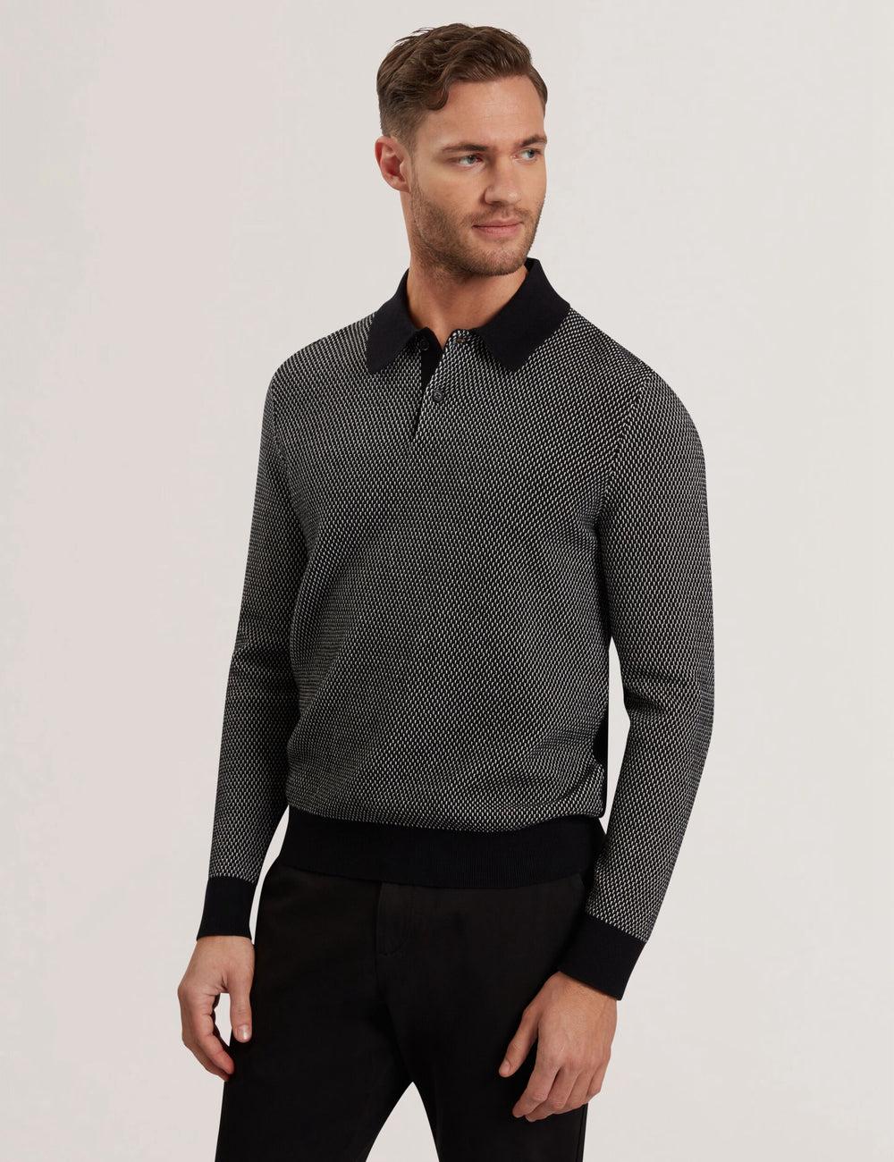 Black Ted Baker ARDO - Textured Knit Long Sleeve Men Polos Shirts | Canada  GLH-317249