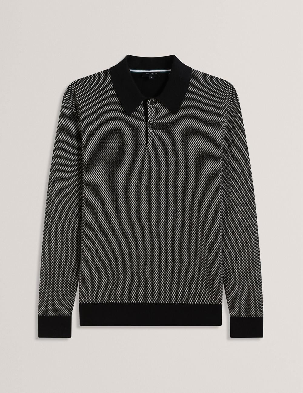 Black Ted Baker ARDO - Textured Knit Long Sleeve Men Polos Shirts | Canada  GLH-317249