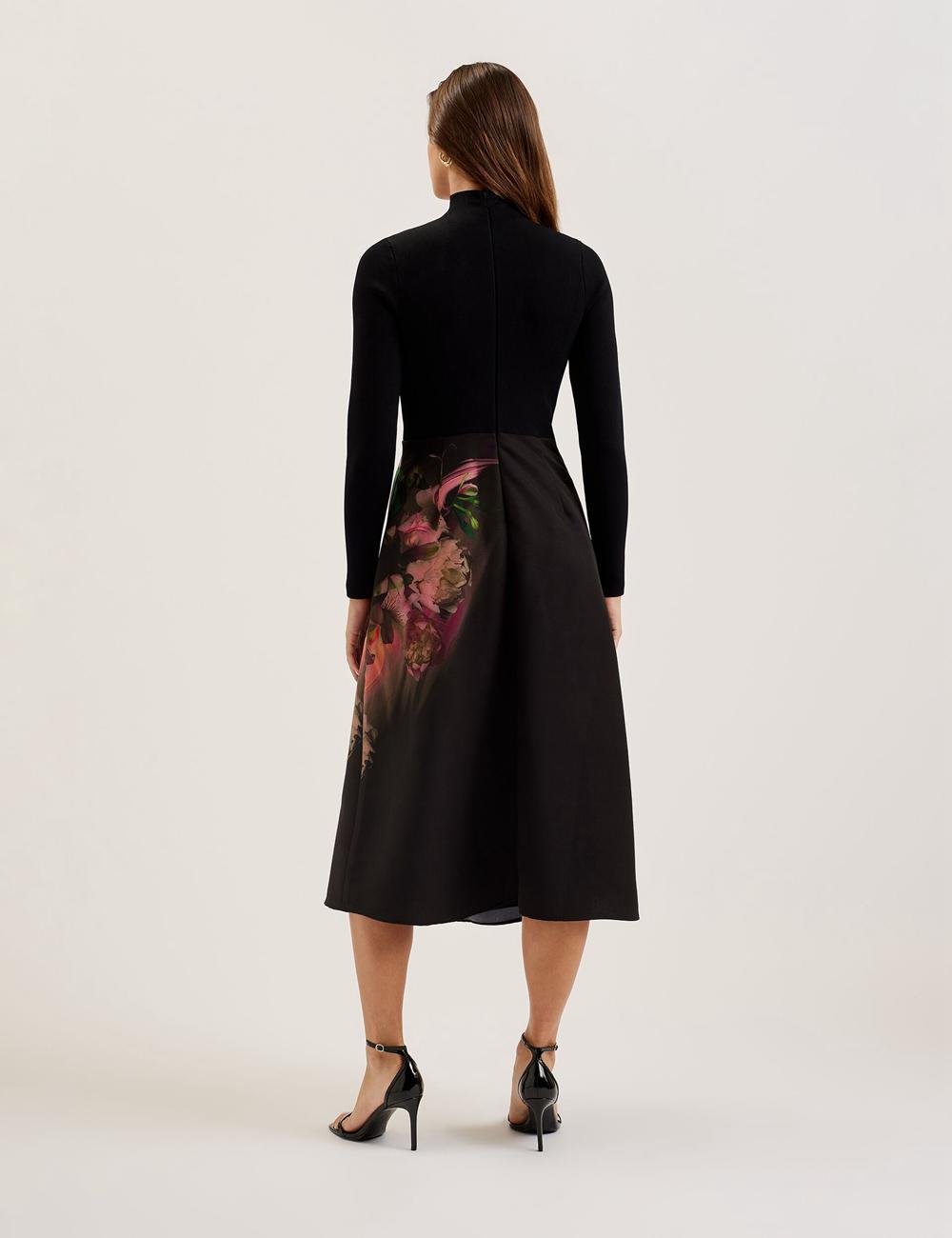 Black Ted Baker ASNES - Knit Bodice With Printed Skirt Women Midi Dresses | Canada  KVU-367401