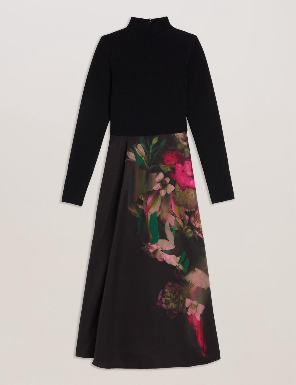 Black Ted Baker ASNES - Knit Bodice With Printed Skirt Women Midi Dresses | Canada  KVU-367401