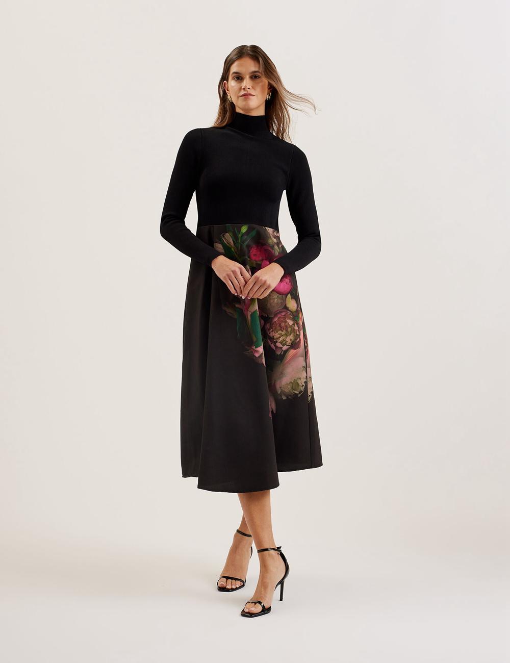 Black Ted Baker ASNES - Knit Bodice With Printed Skirt Women Midi Dresses | Canada  KVU-367401