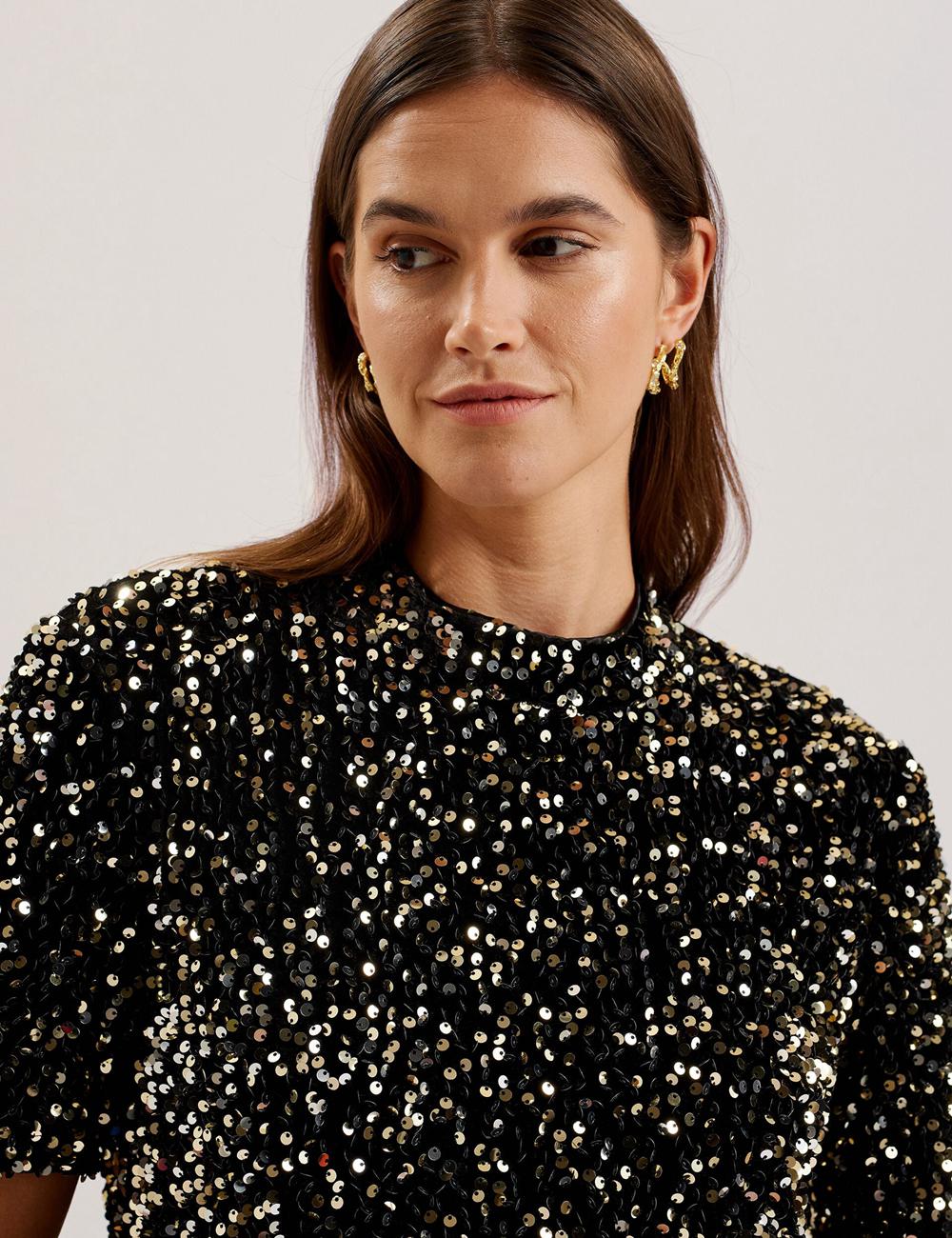 Black Ted Baker AUDRIYY - Sequin Embellished Velvet Shift Women Mini Dresses | Canada  SGX-186394