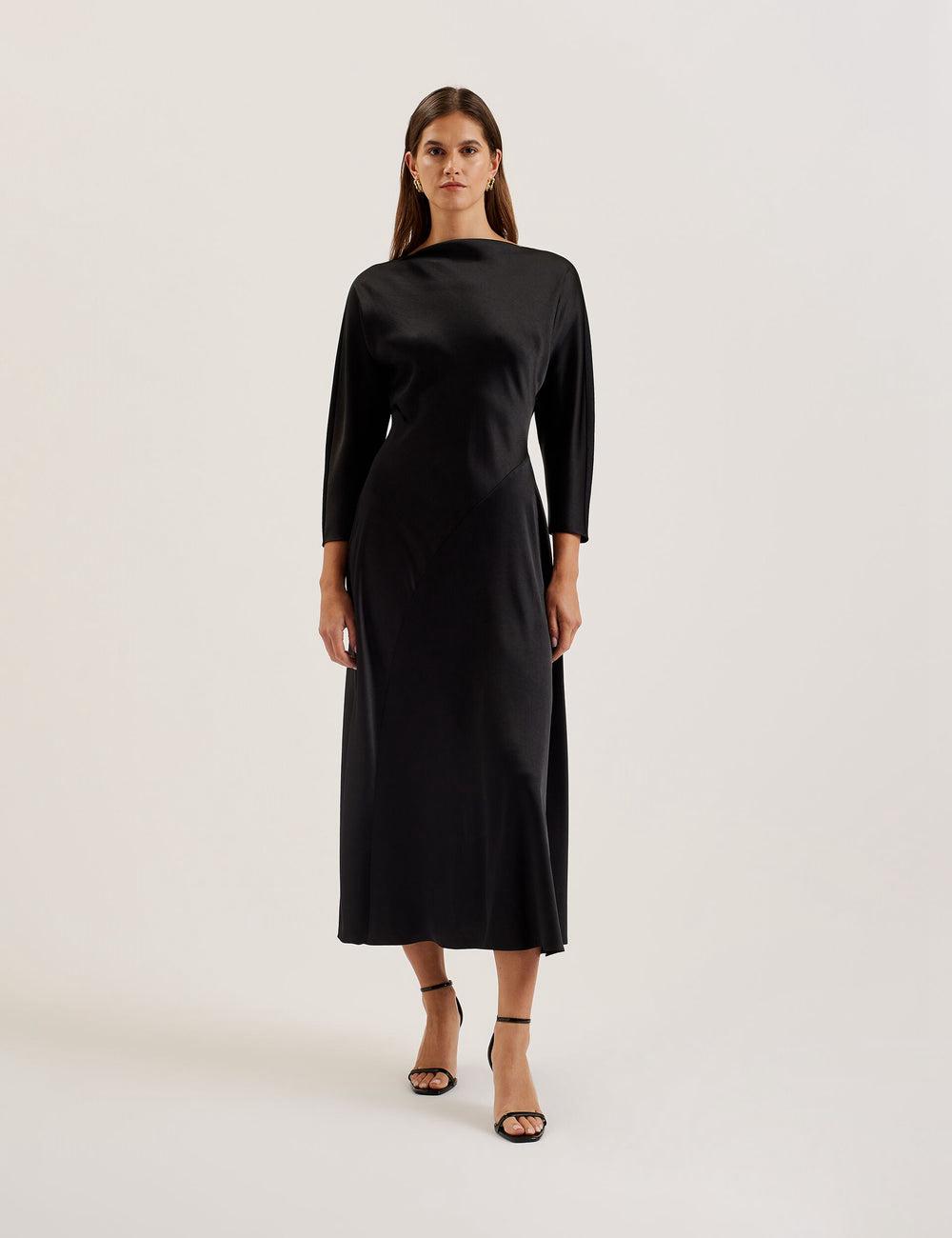 Black Ted Baker AVELLI - Satin Boat Neck A-Line Women Midi Dresses | Canada  CTY-342971