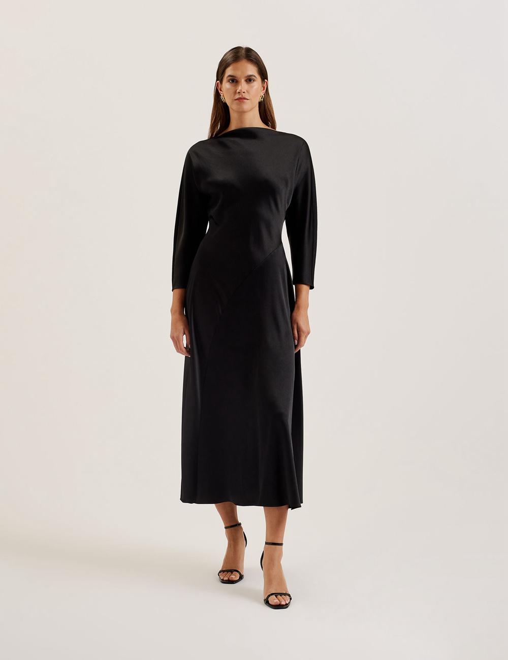 Black Ted Baker AVELLI - Satin Boat Neck A-Line Women Midi Dresses | Canada  CTY-342971