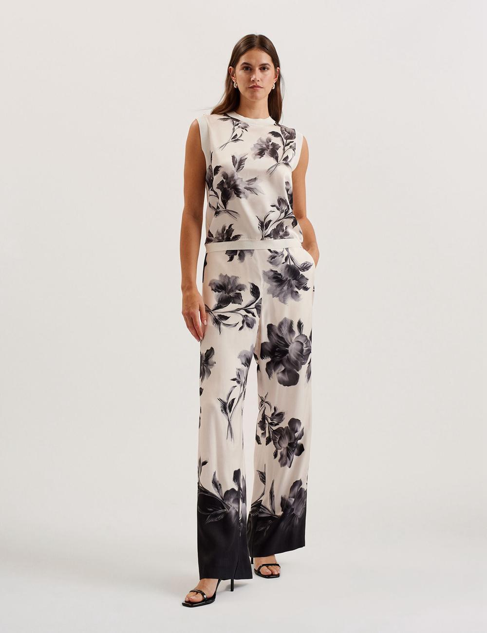 Black Ted Baker AWYNA - Floral Print Pull-On Wide Leg Women Trousers | Canada  FTV-356184