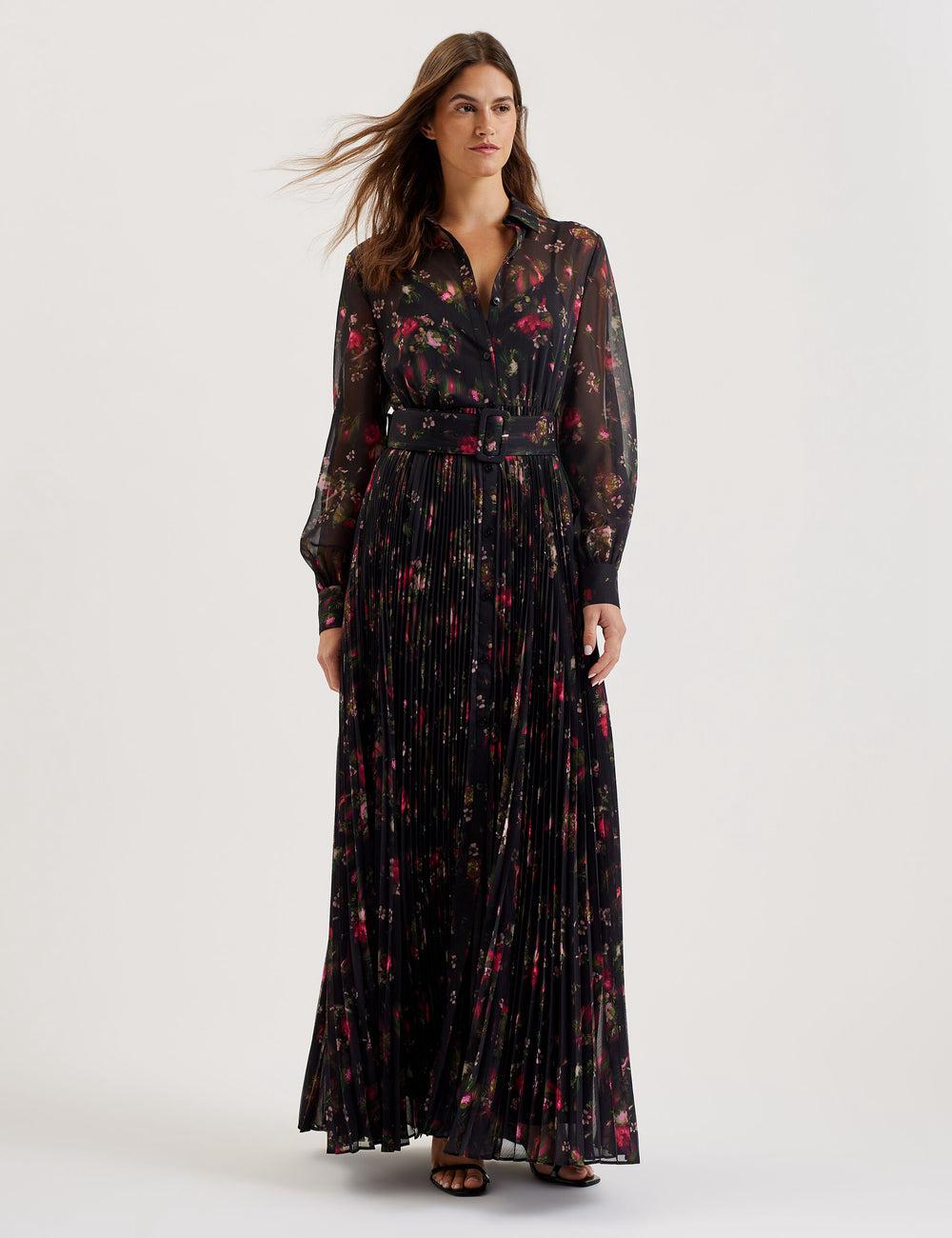 Black Ted Baker CEIBA - Floral Print Pleated Maxi Shirt Women Maxi Dresses | Canada  VSI-062753