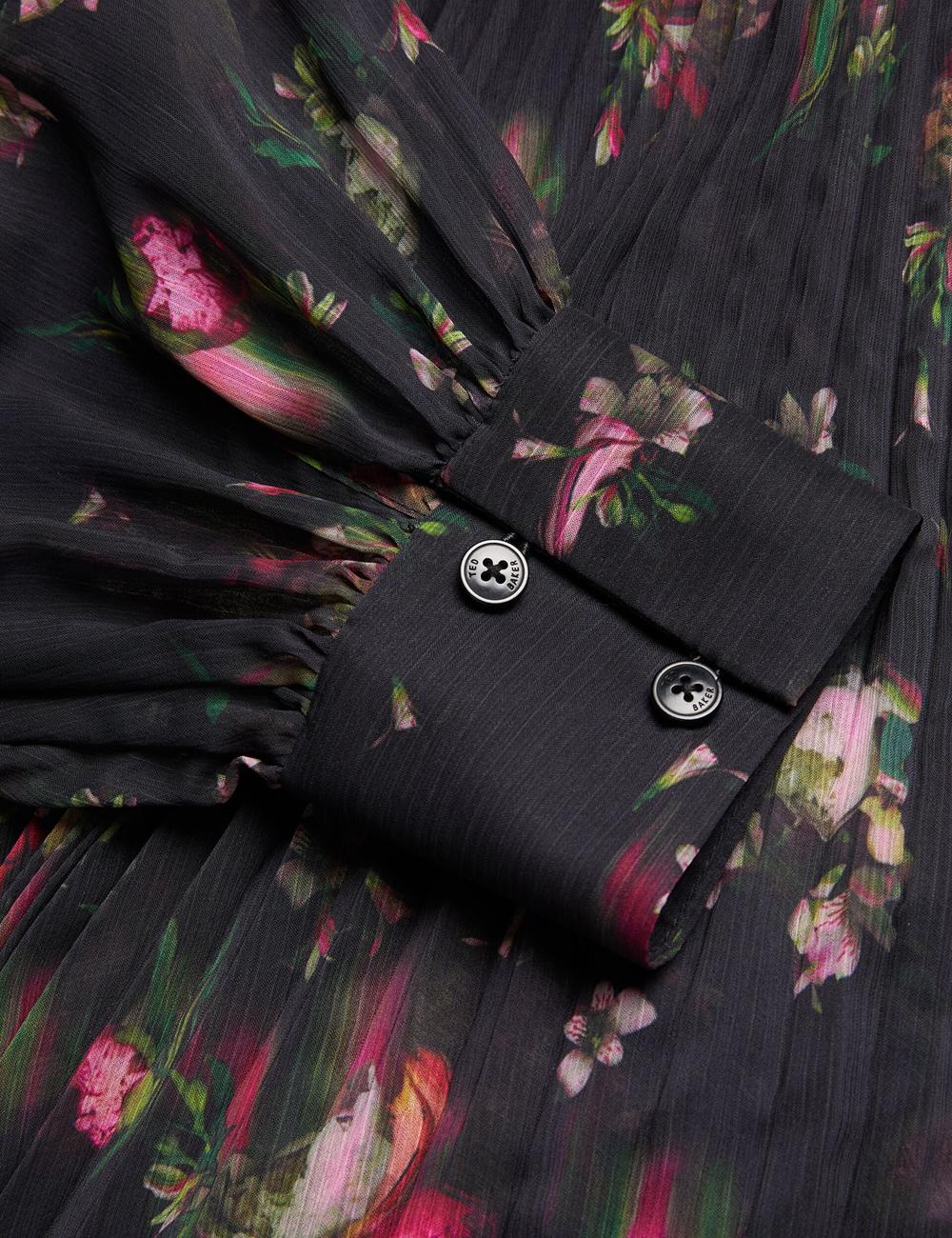 Black Ted Baker CEIBA - Floral Print Pleated Maxi Shirt Women Maxi Dresses | Canada  VSI-062753