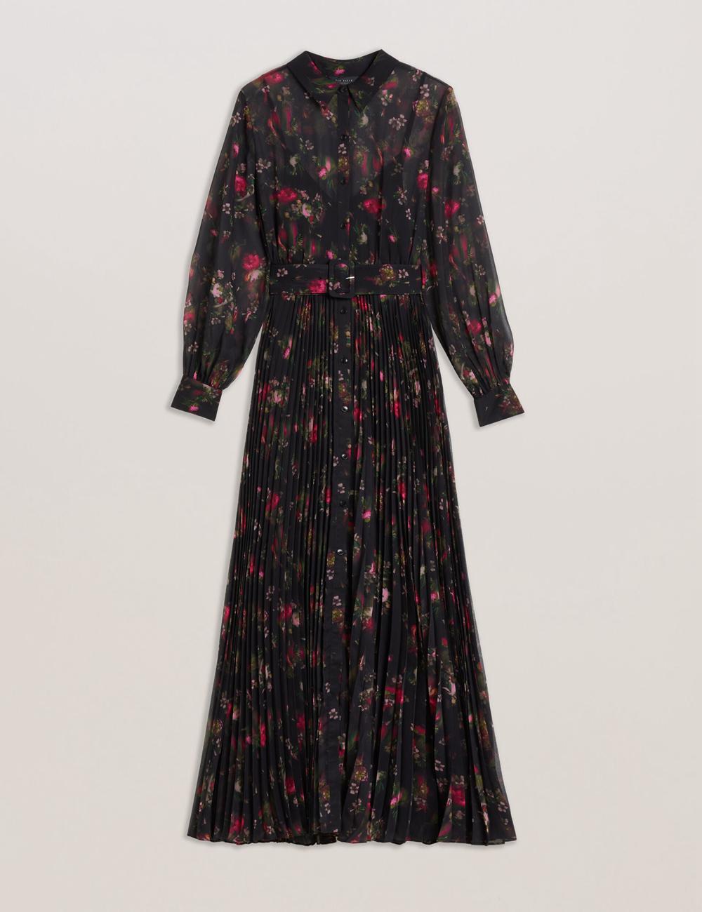 Black Ted Baker CEIBA - Floral Print Pleated Maxi Shirt Women Maxi Dresses | Canada  VSI-062753
