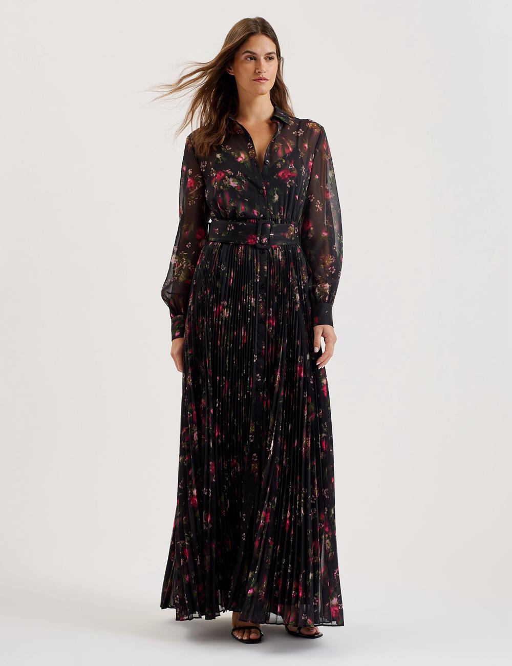 Black Ted Baker CEIBA - Floral Print Pleated Maxi Shirt Women Maxi Dresses | Canada  VSI-062753