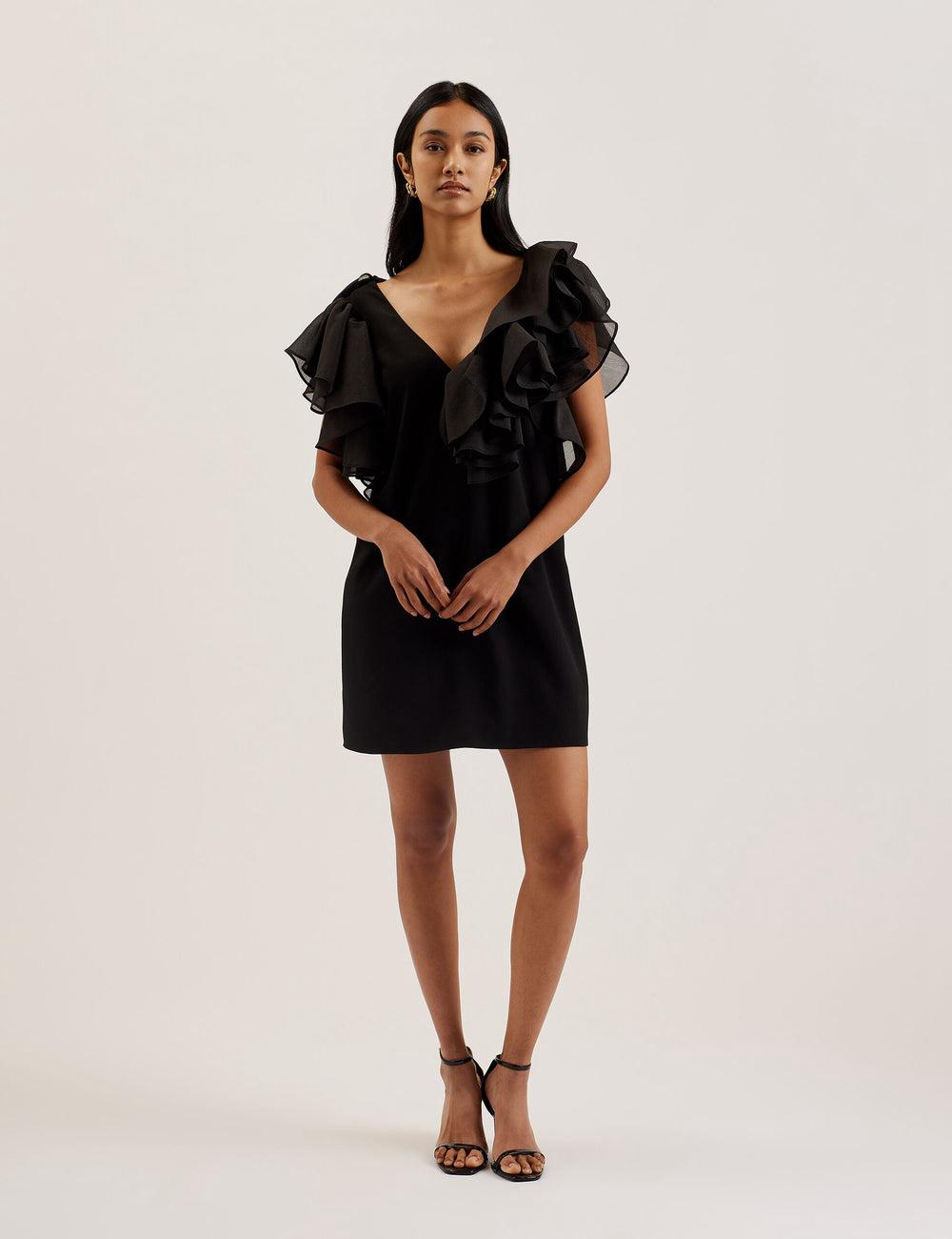 Black Ted Baker ELQUI - Oversized Ruffle Trim V-Neck Women Mini Dresses | Canada  YQP-016834