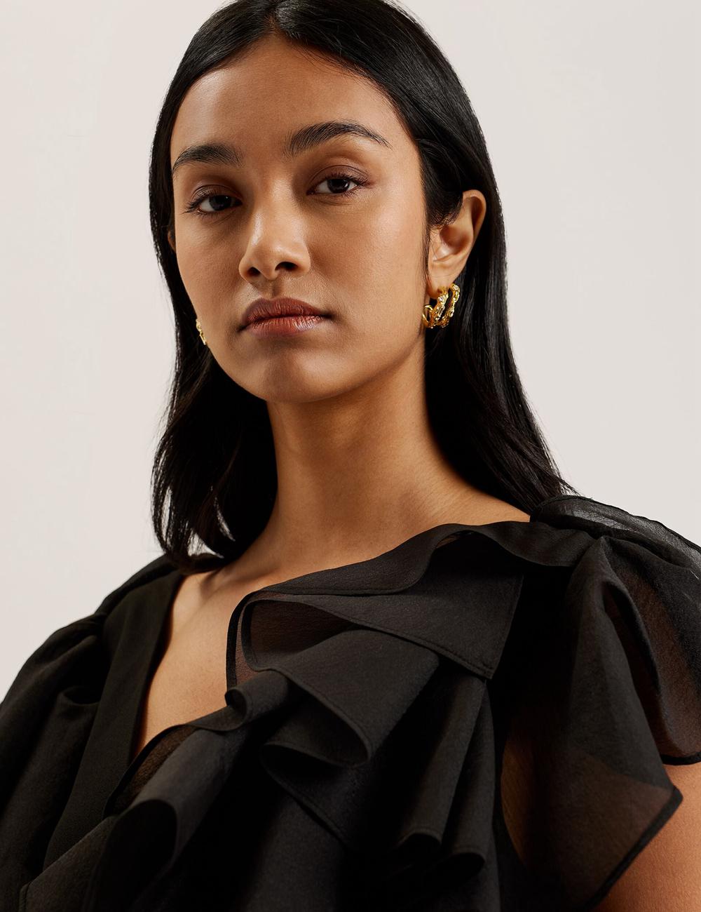 Black Ted Baker ELQUI - Oversized Ruffle Trim V-Neck Women Mini Dresses | Canada  YQP-016834