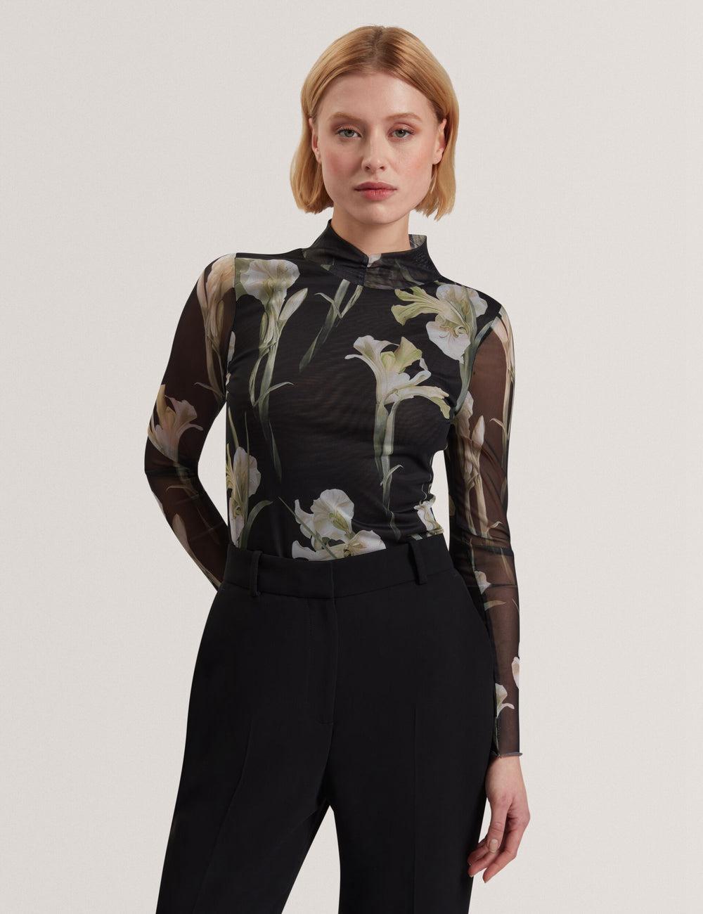 Black Ted Baker FIAAHH - Floral Print High Neck Sheer Mesh Women Tops | Canada  LWX-569014