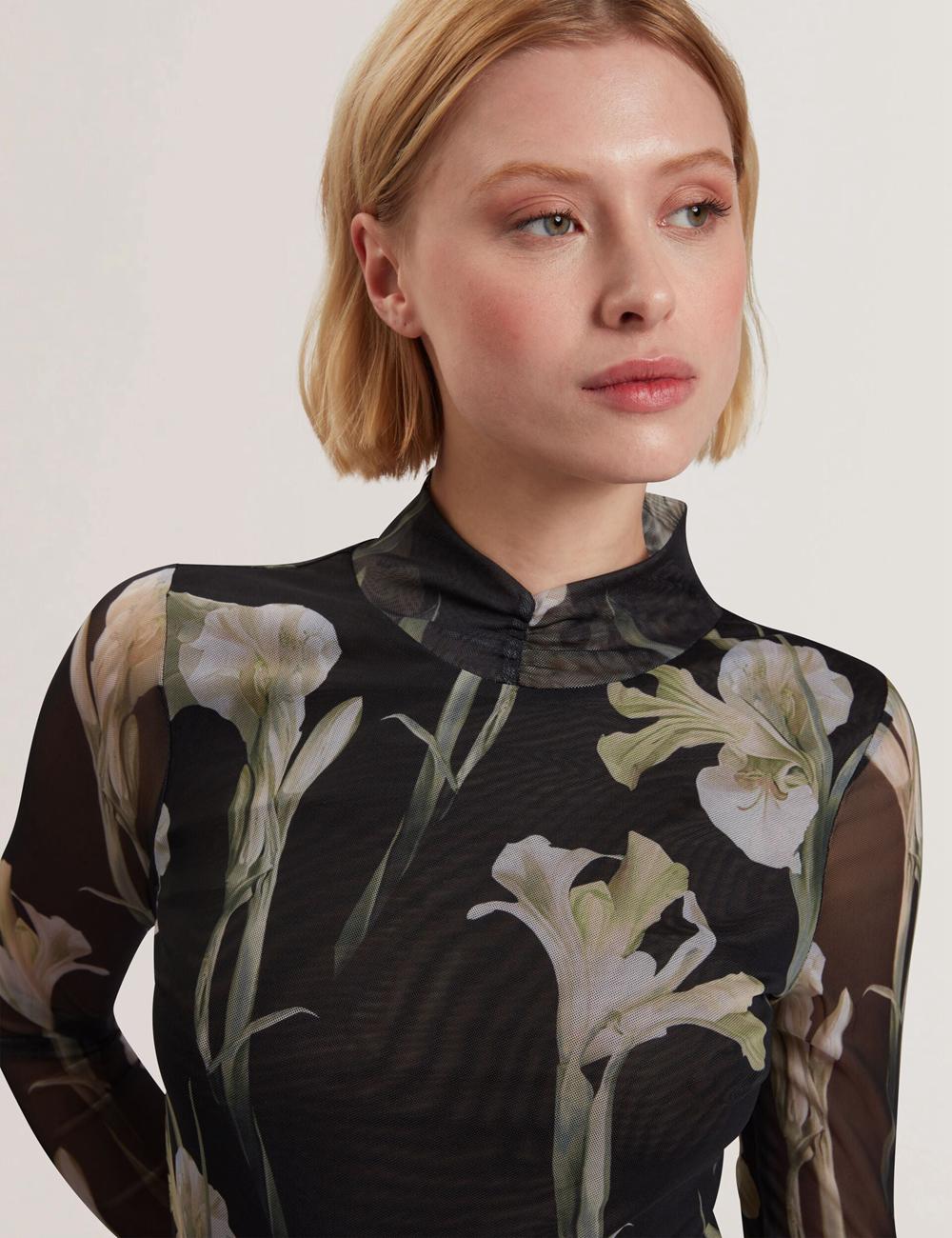 Black Ted Baker FIAAHH - Floral Print High Neck Sheer Mesh Women Tops | Canada  LWX-569014