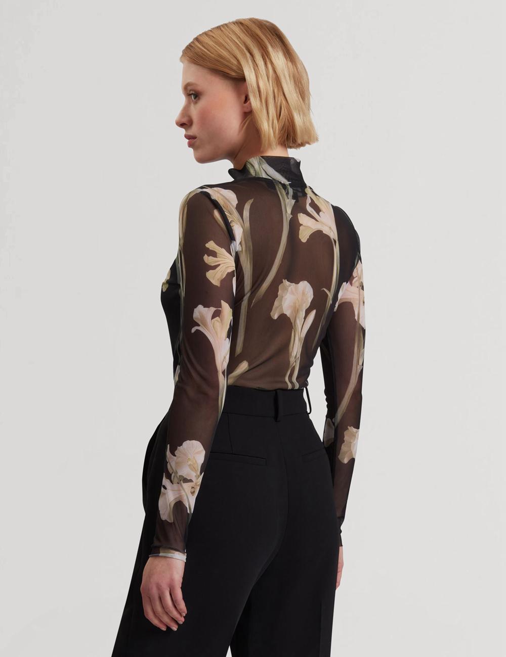 Black Ted Baker FIAAHH - Floral Print High Neck Sheer Mesh Women Tops | Canada  LWX-569014