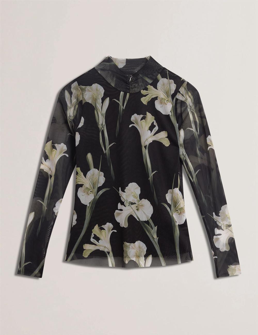 Black Ted Baker FIAAHH - Floral Print High Neck Sheer Mesh Women Tops | Canada  LWX-569014