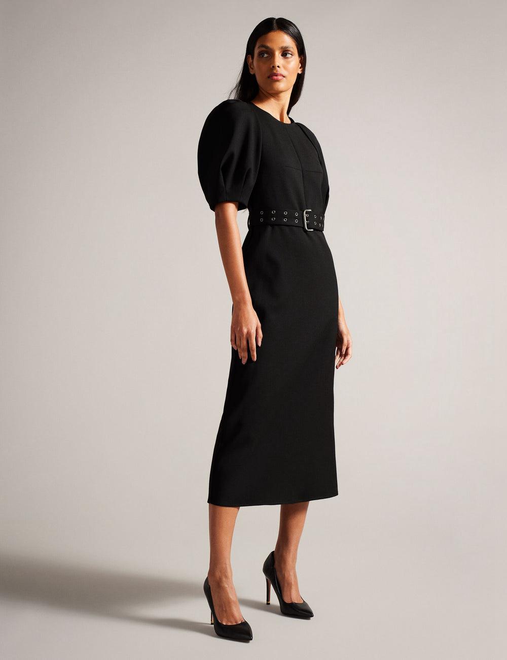 Black Ted Baker GABYELA - Structured Puff Sleeve With Belt Women Midi Dresses | Canada  FKN-916324