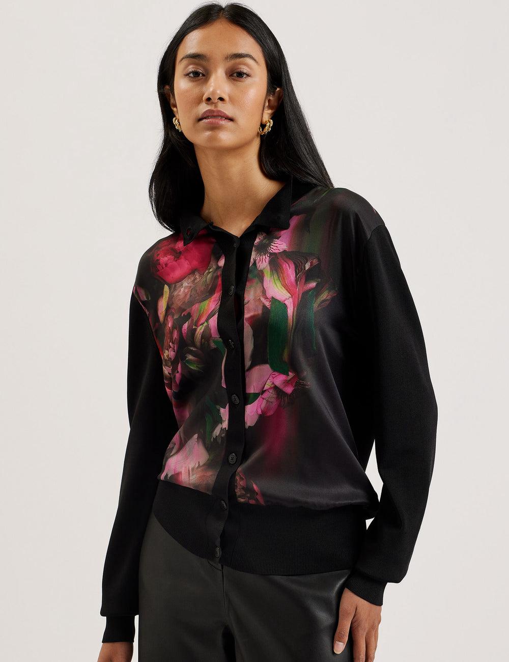 Black Ted Baker GEMHAA - Printed Panel Long Sleeve Women Cardigans | Canada  IRH-517320