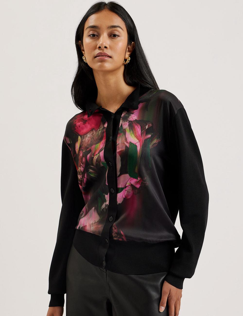 Black Ted Baker GEMHAA - Printed Panel Long Sleeve Women Cardigans | Canada  IRH-517320