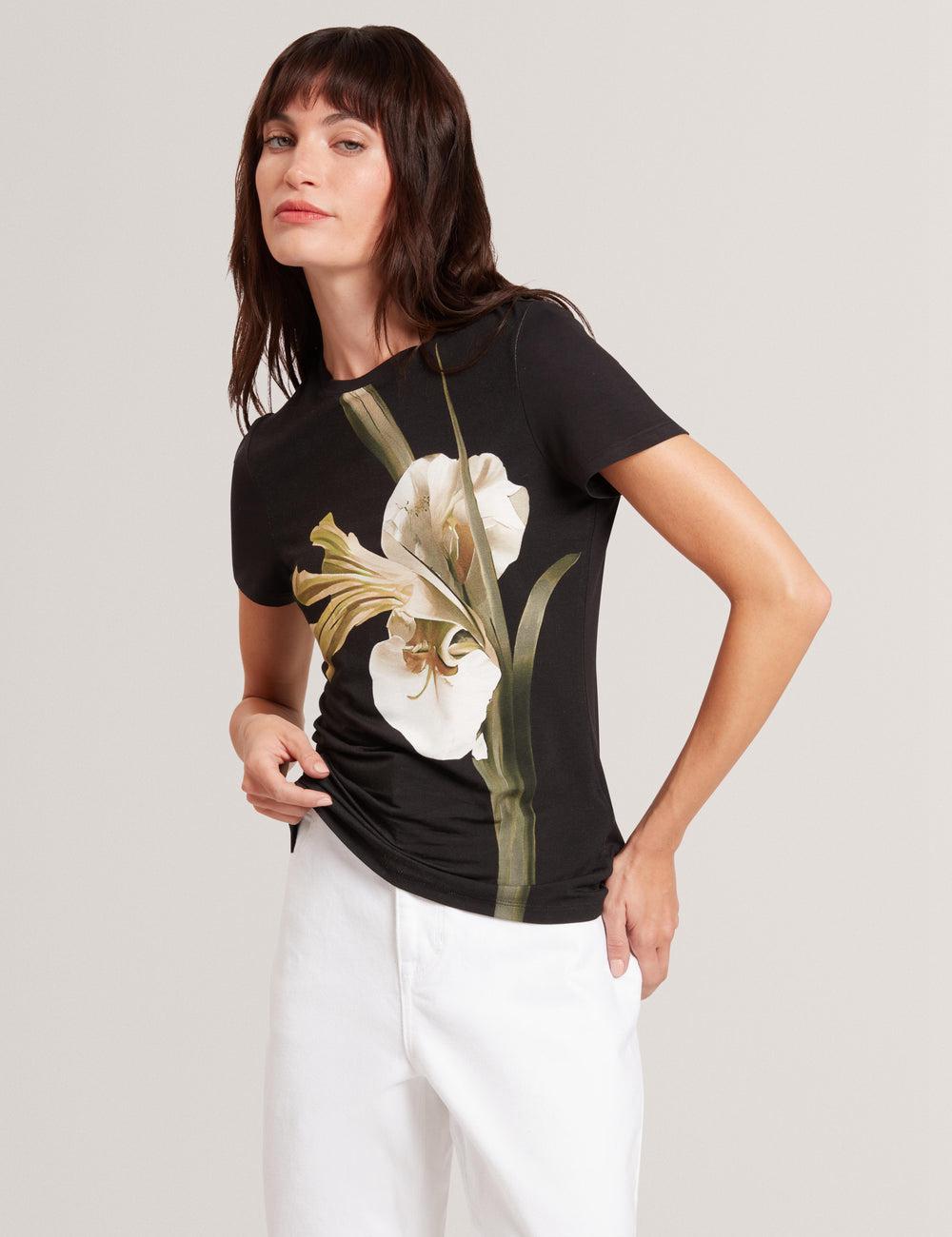 Black Ted Baker GORGAA - Floral Graphic Fitted Short Sleeve Women T-Shirts | Canada  MYA-894765
