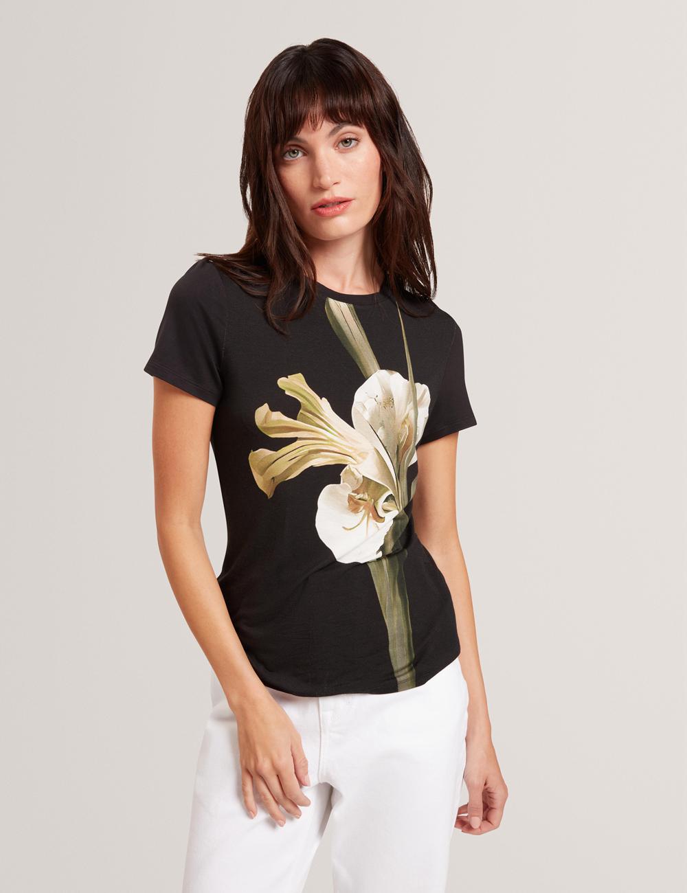Black Ted Baker GORGAA - Floral Graphic Fitted Short Sleeve Women T-Shirts | Canada  MYA-894765