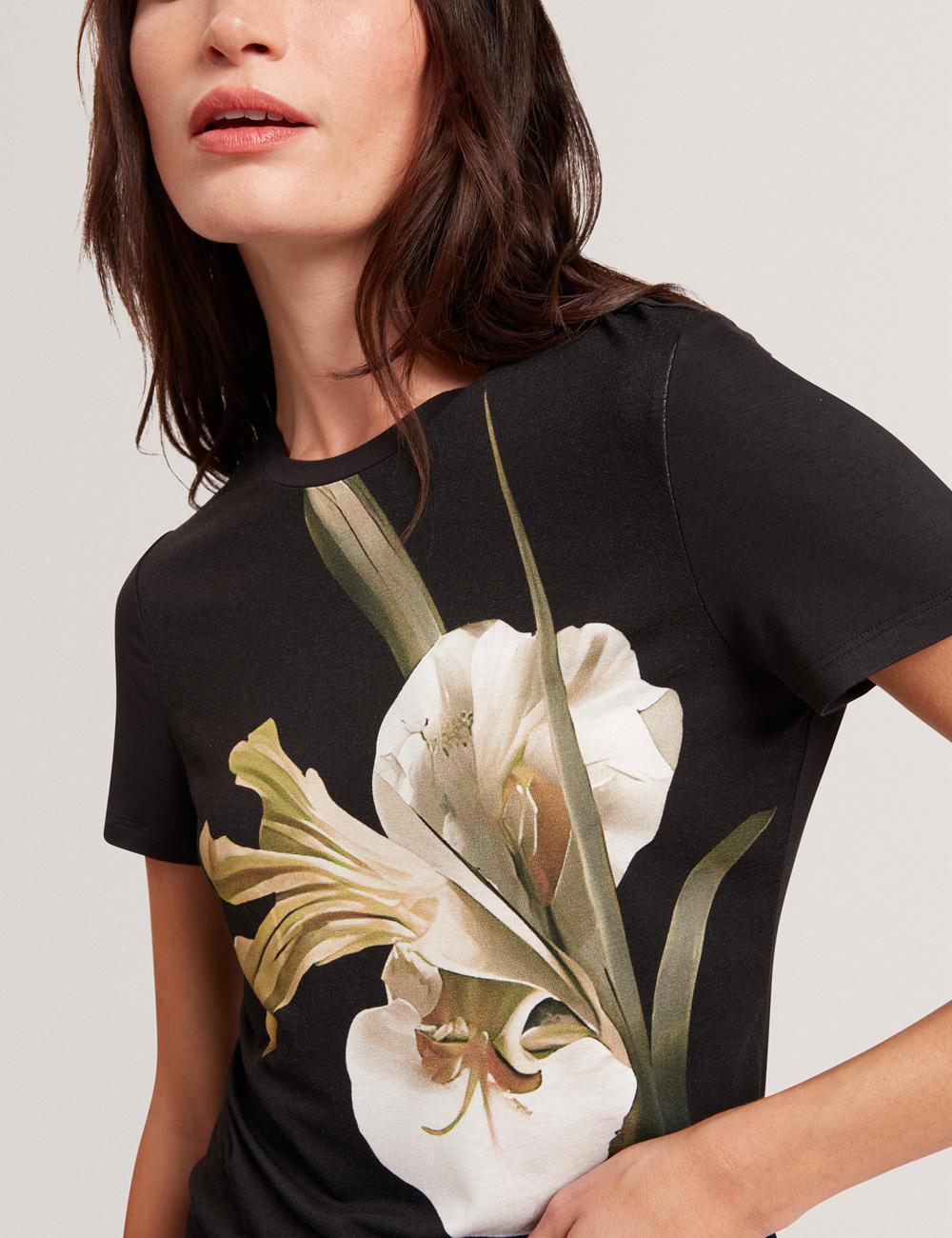 Black Ted Baker GORGAA - Floral Graphic Fitted Short Sleeve Women T-Shirts | Canada  MYA-894765