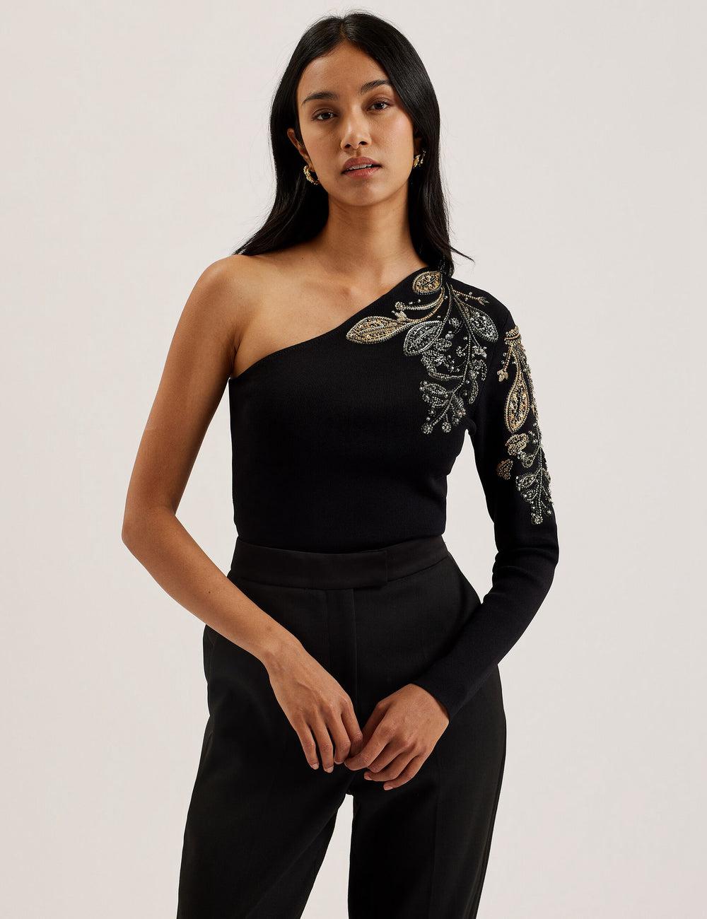 Black Ted Baker HEATHRR - One Shoulder Embellished Detail Women Tops | Canada  ZJC-497061