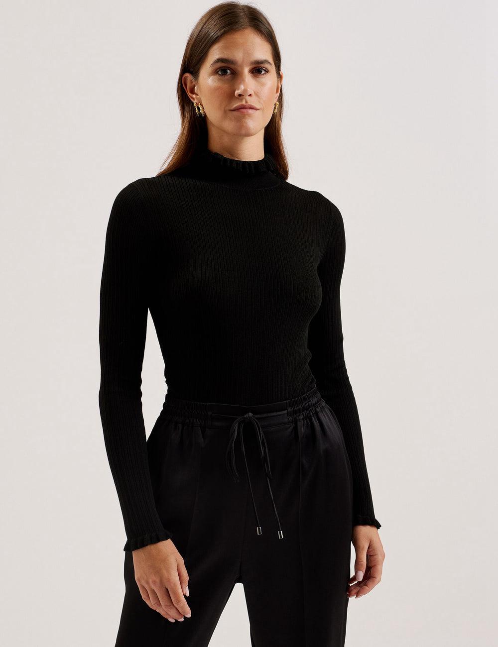 Black Ted Baker JANITTT - Ruffle Trim High Neck Ribbed Women Jumpers | Canada  JOW-158649