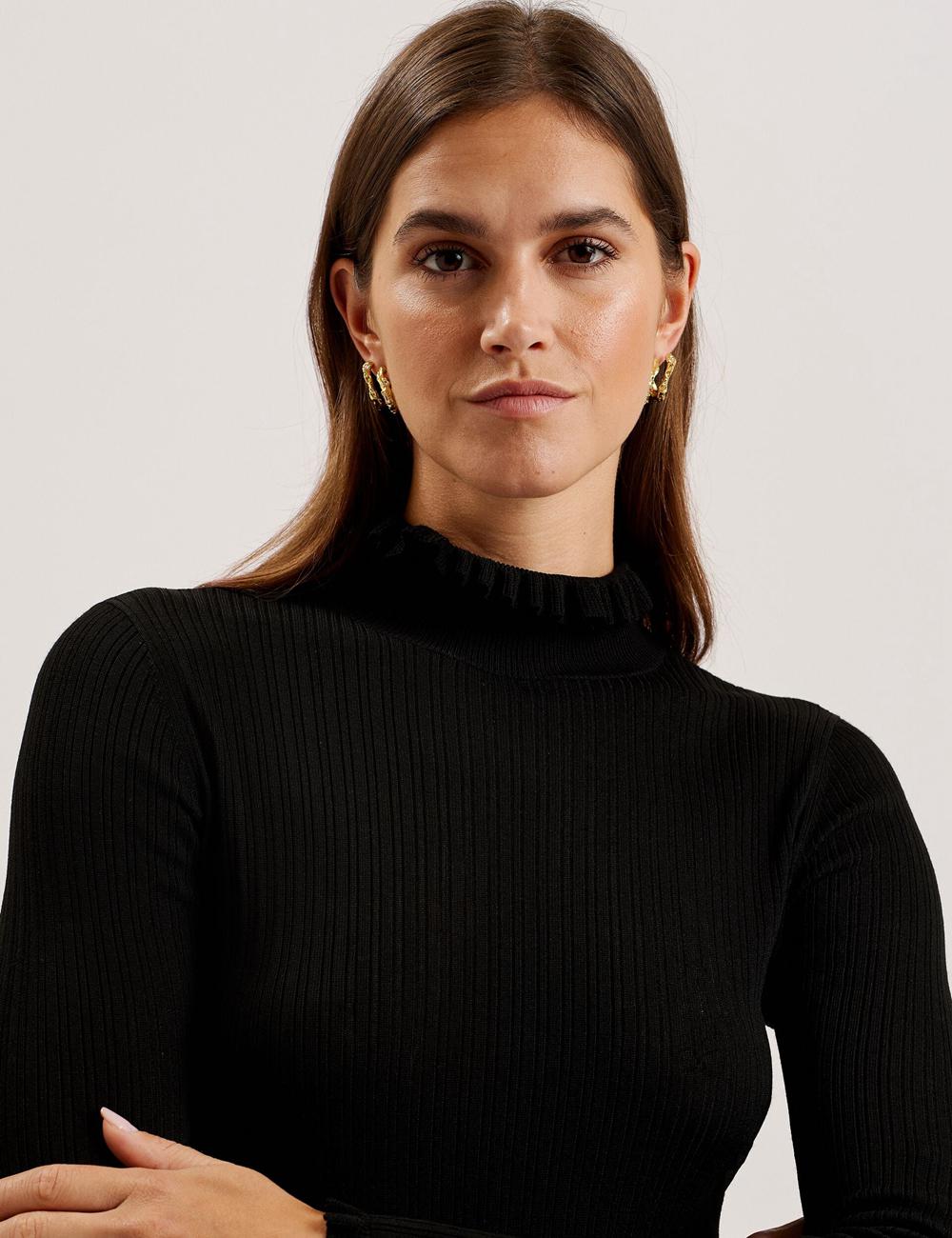 Black Ted Baker JANITTT - Ruffle Trim High Neck Ribbed Women Jumpers | Canada  JOW-158649