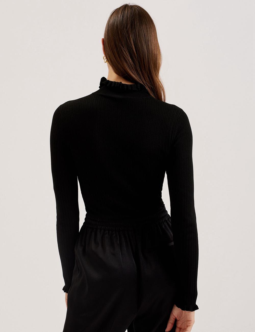 Black Ted Baker JANITTT - Ruffle Trim High Neck Ribbed Women Jumpers | Canada  JOW-158649