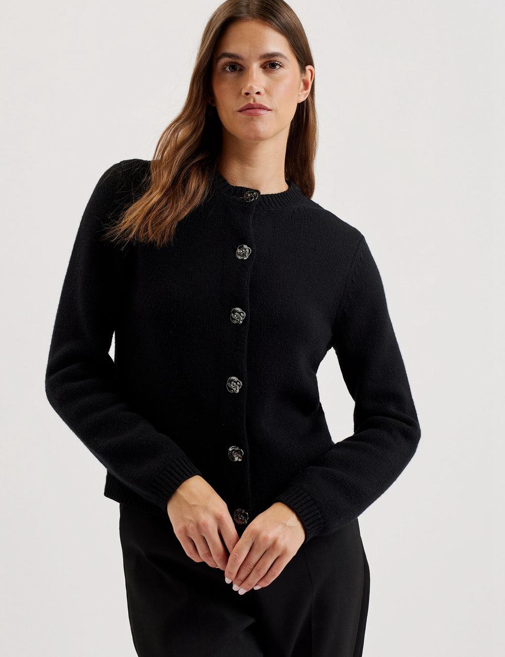 Black Ted Baker JAYCEY - Rose Button Knitted Crew Neck Women Cardigans | Canada  ELX-197654