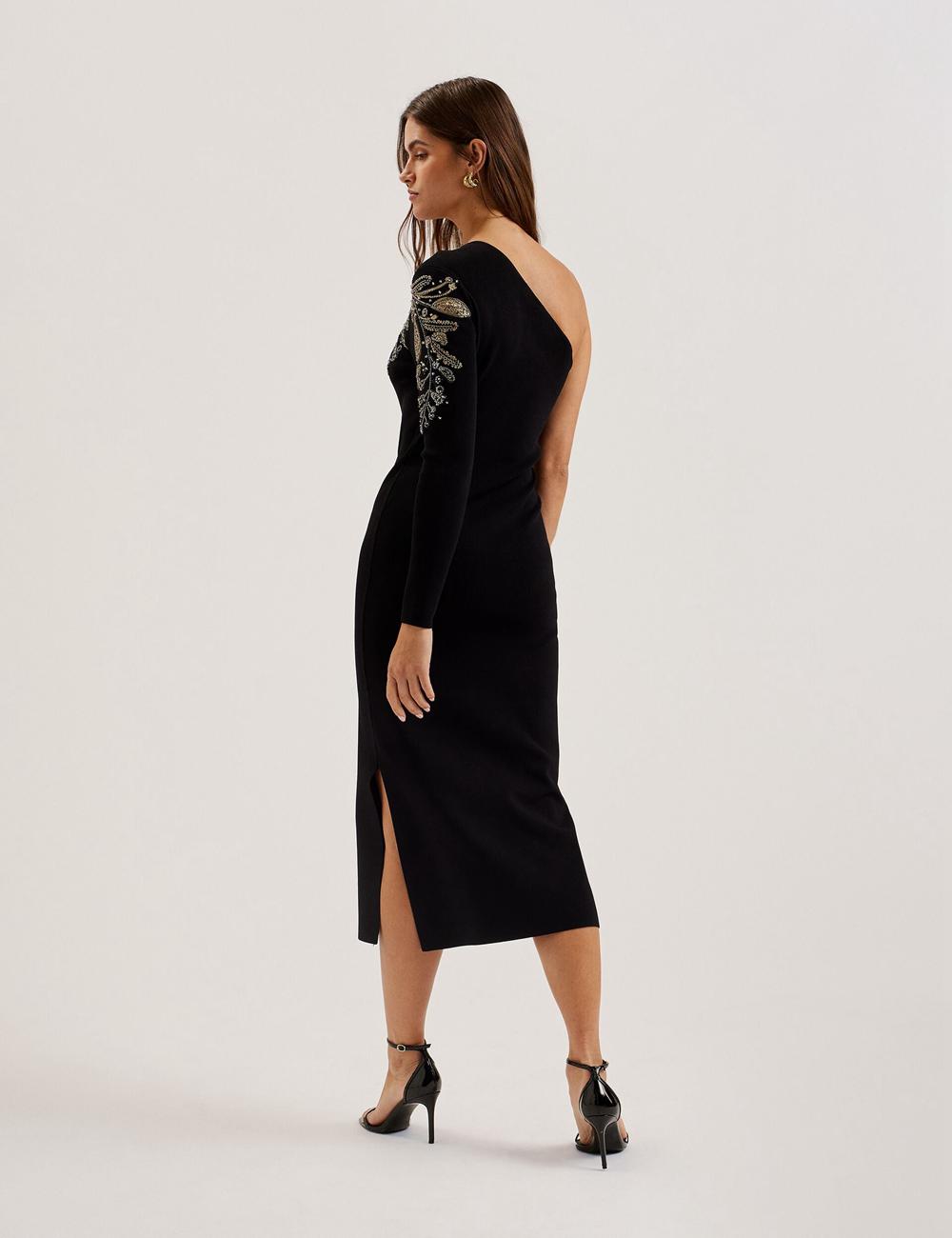Black Ted Baker LIZYYY - One Shoulder Embellished Knit Women Midi Dresses | Canada  EFU-251479