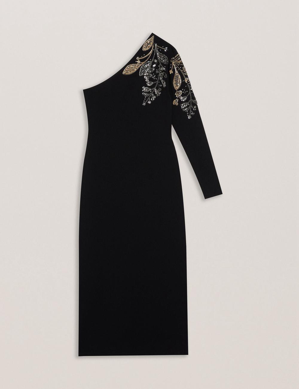 Black Ted Baker LIZYYY - One Shoulder Embellished Knit Women Midi Dresses | Canada  EFU-251479