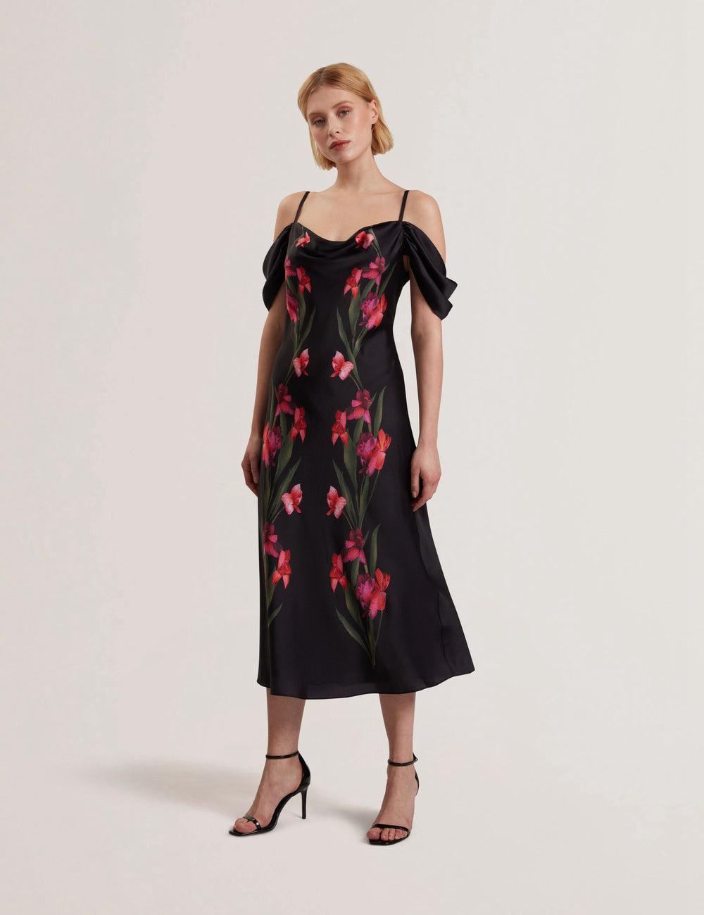 Black Ted Baker LUCERN - Floral Satin Off Shoulder Bias Women Midi Dresses | Canada  AWJ-138720