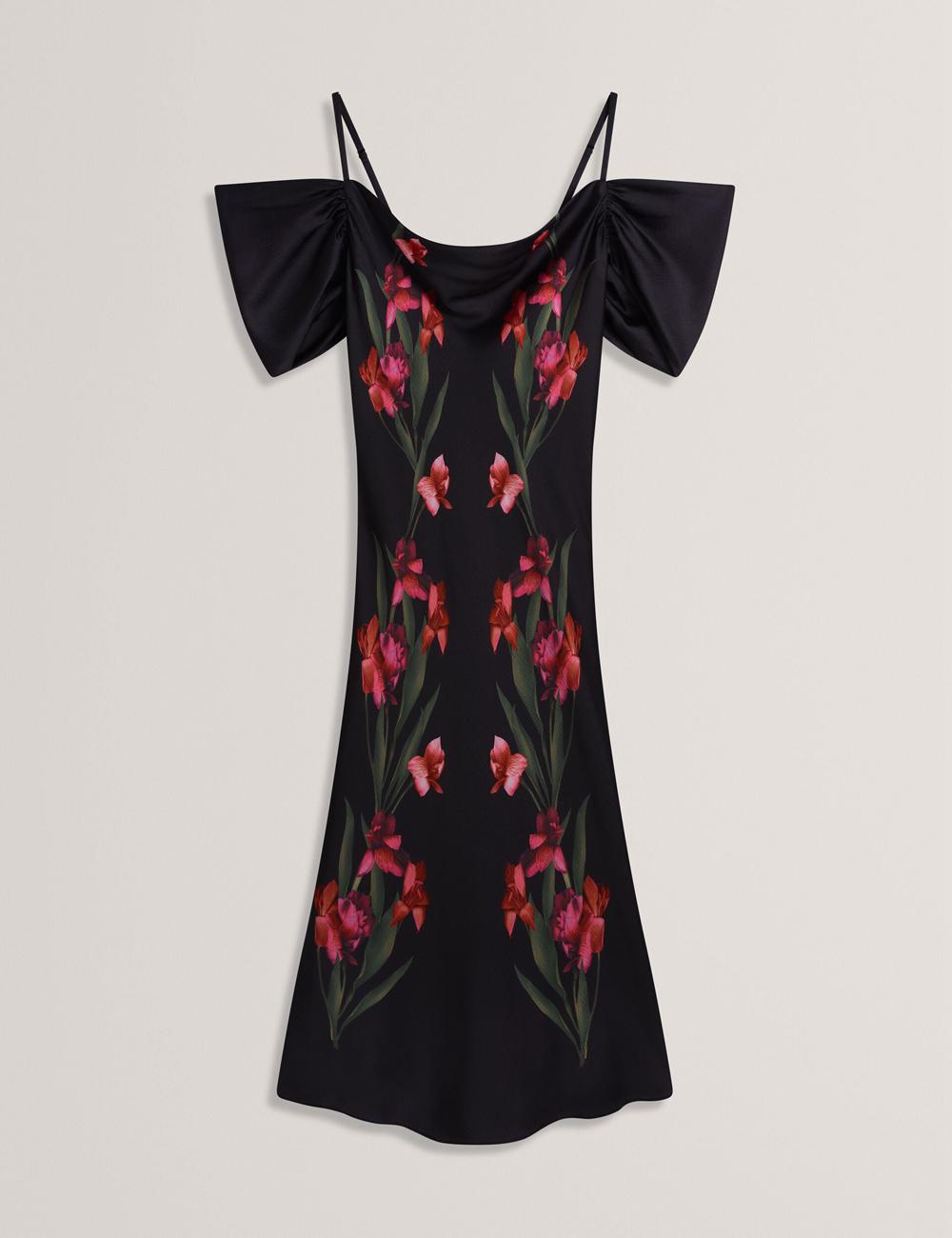 Black Ted Baker LUCERN - Floral Satin Off Shoulder Bias Women Midi Dresses | Canada  AWJ-138720