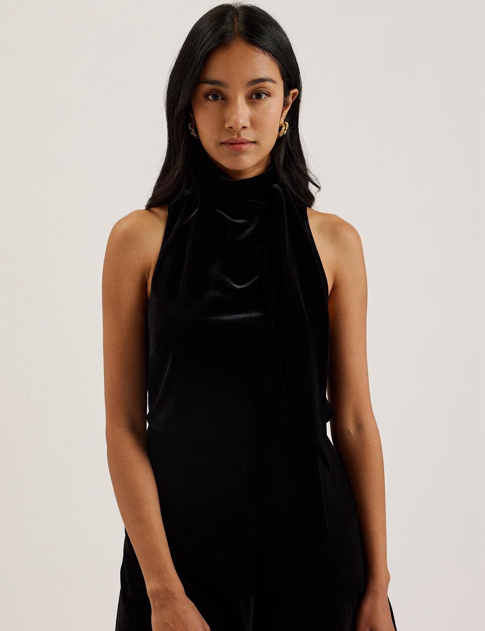 Black Ted Baker NALIAS - Velvet High Cowl Neck Sleeveless Women Tank Tops | Canada  QOJ-183645