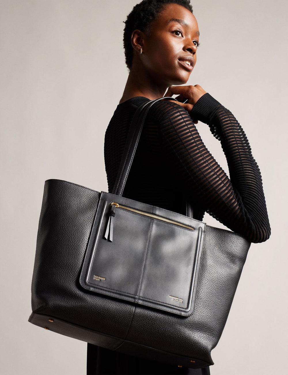 Black Ted Baker NISH - Wide Leather Shopper With Zip Pocket Women Shopper Bags | Canada  XSD-690148