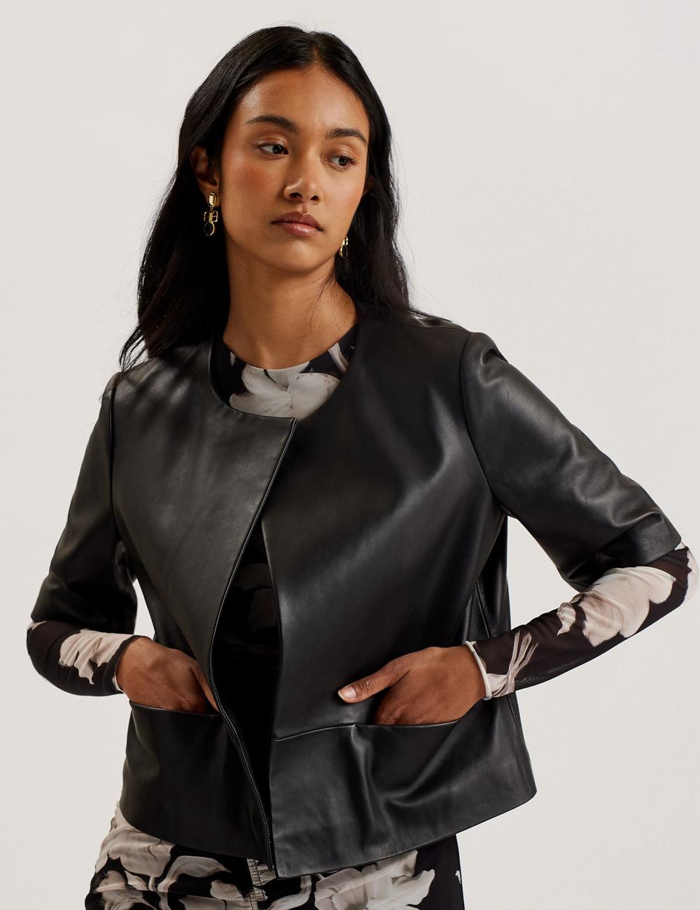 Black Ted Baker OBINO - Cropped Sleeve Open Leather Women Jackets | Canada  QVW-592763
