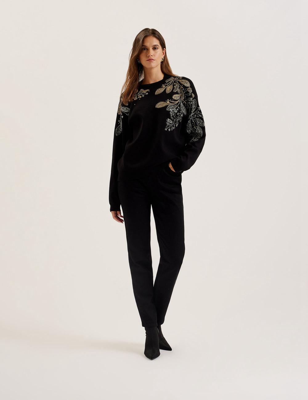 Black Ted Baker ROSMRRY - Embellished Floral Detail Knitted Women Jumpers | Canada  PYK-094358