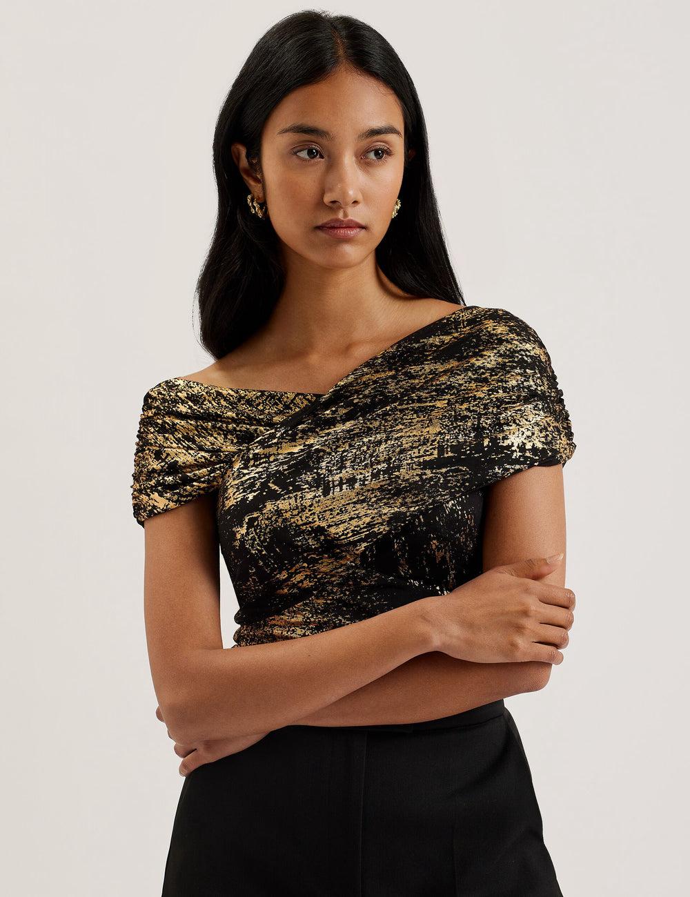 Black Ted Baker TALULAR - Bardot Foil Printed Mesh Women Tops | Canada  VBR-162947