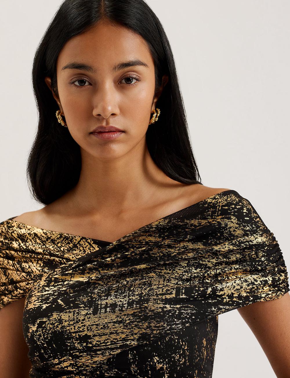 Black Ted Baker TALULAR - Bardot Foil Printed Mesh Women Tops | Canada  VBR-162947