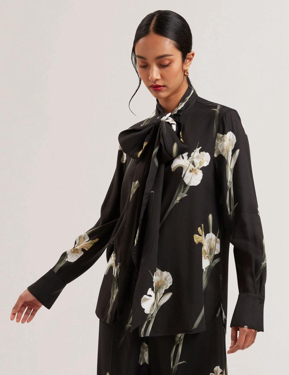 Black Ted Baker ZAKIIER - Neck Floral Print Long Sleeve Women Blouses | Canada  BJX-708216