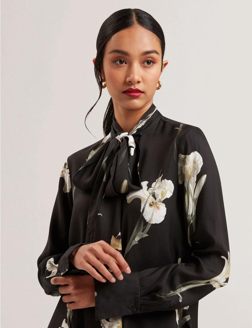 Black Ted Baker ZAKIIER - Neck Floral Print Long Sleeve Women Blouses | Canada  BJX-708216