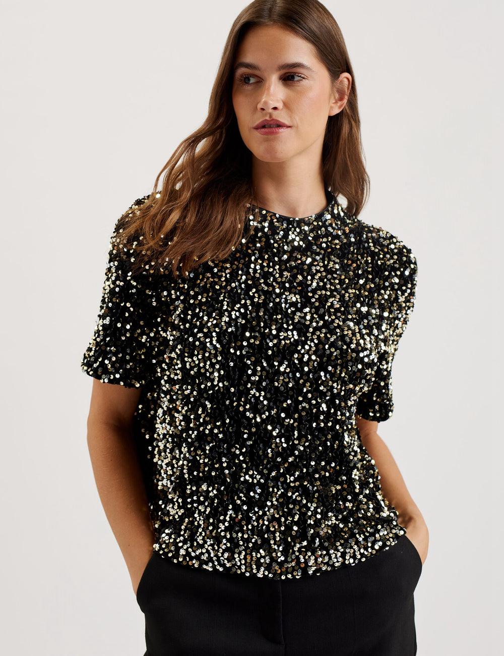 Black Ted Baker ZARHAAA - Sequined Velvet Short Sleeve Top Women Casual Shirts | Canada  TGQ-854619