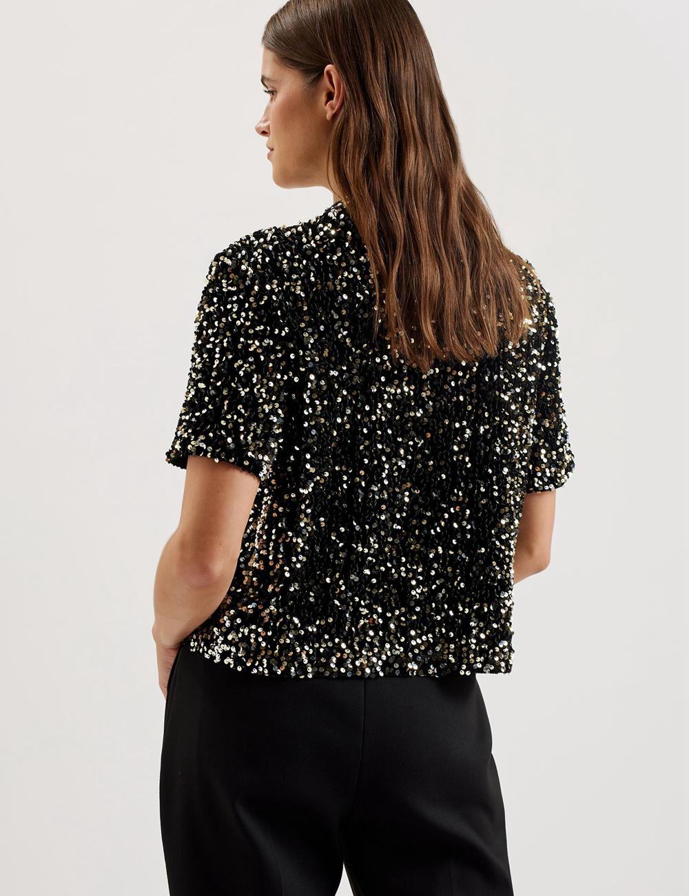 Black Ted Baker ZARHAAA - Sequined Velvet Short Sleeve Top Women Casual Shirts | Canada  TGQ-854619