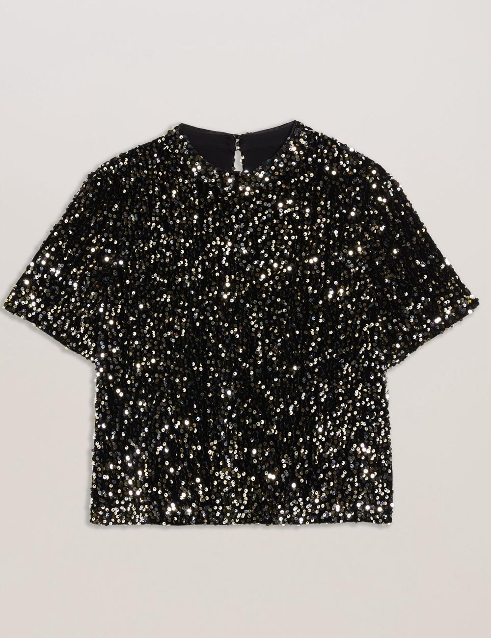 Black Ted Baker ZARHAAA - Sequined Velvet Short Sleeve Top Women Casual Shirts | Canada  TGQ-854619