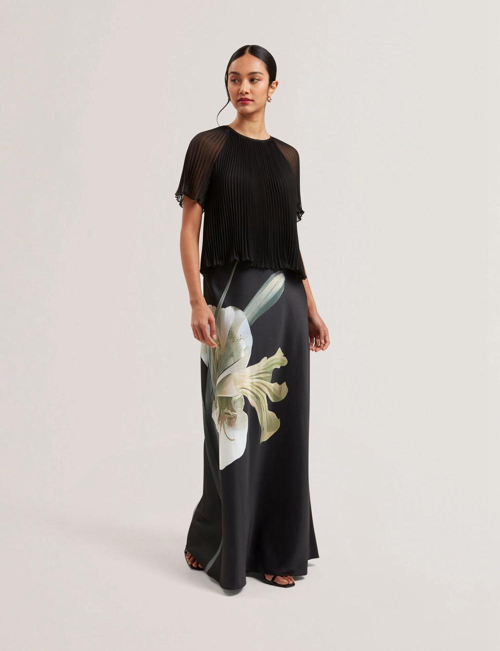 Black Ted Baker ZIONNA - Floral Print Detail Satin Women Maxi Skirts | Canada  HZM-954716