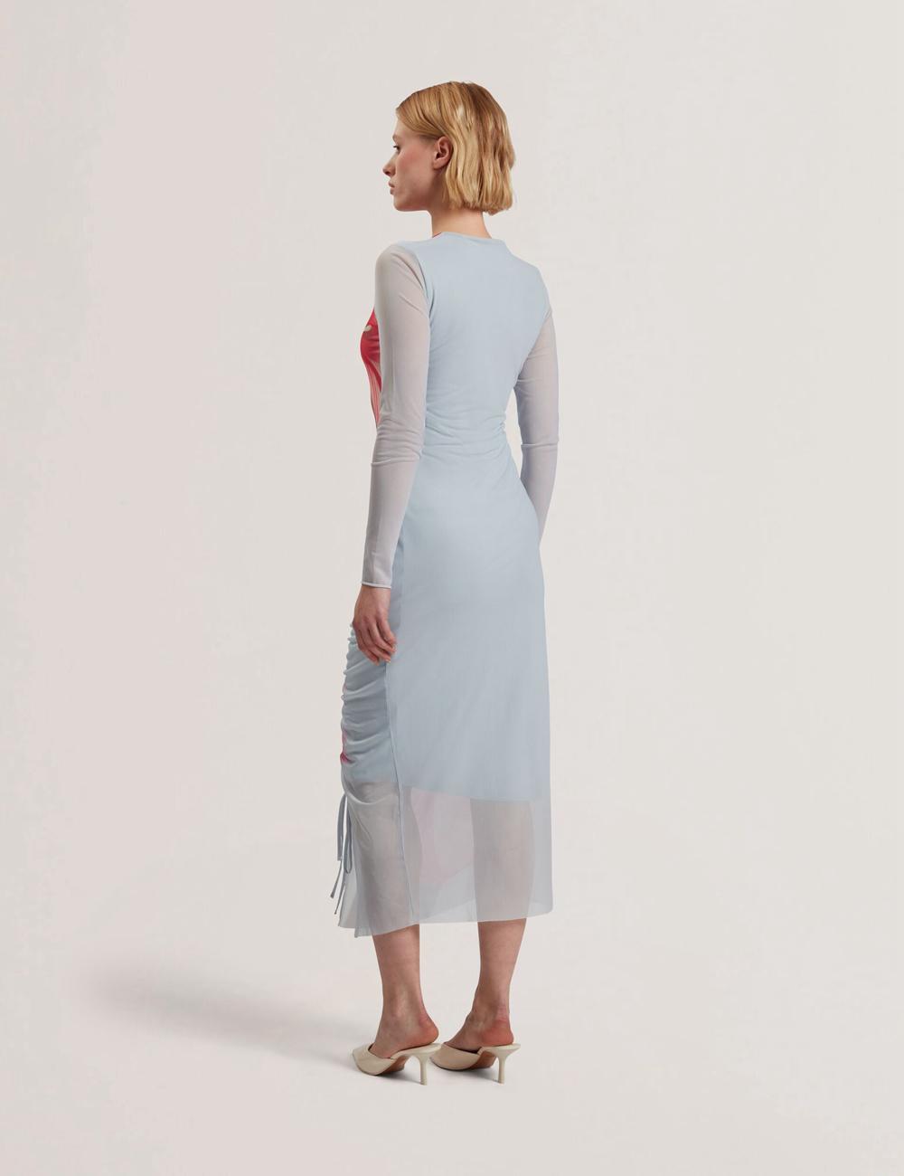 Blue Ted Baker BOXNINE - Printed Mesh Gathering Bodycon Women Midi Dresses | Canada  GZN-641207