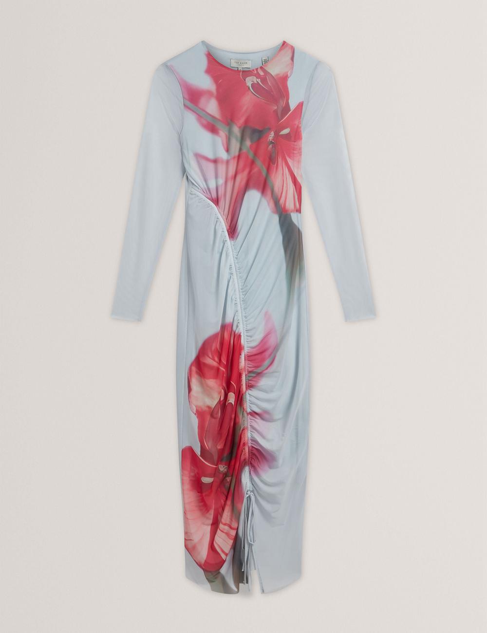 Blue Ted Baker BOXNINE - Printed Mesh Gathering Bodycon Women Midi Dresses | Canada  GZN-641207