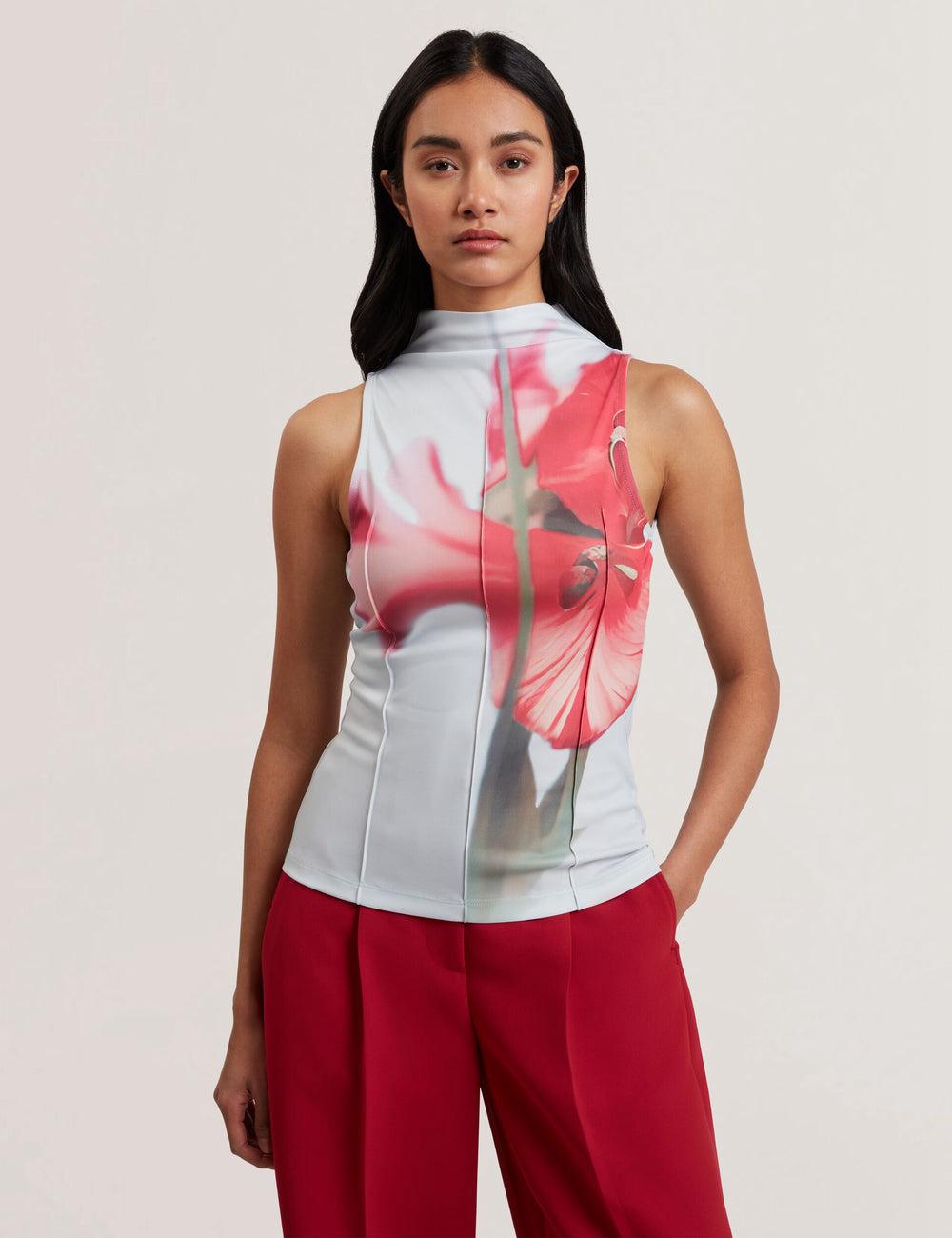 Blue Ted Baker HARPLNN - Floral High Neck Jersey Women Tank Tops | Canada  ZHU-574360