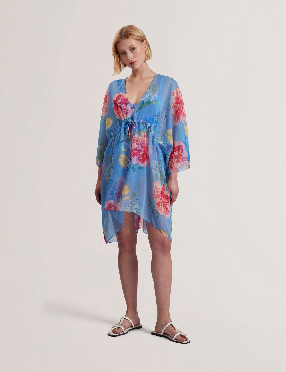 Blue Ted Baker LARJA - Floral Print Chiffon Mini Beach Kaftan Women Cover Ups | Canada  PEB-791860
